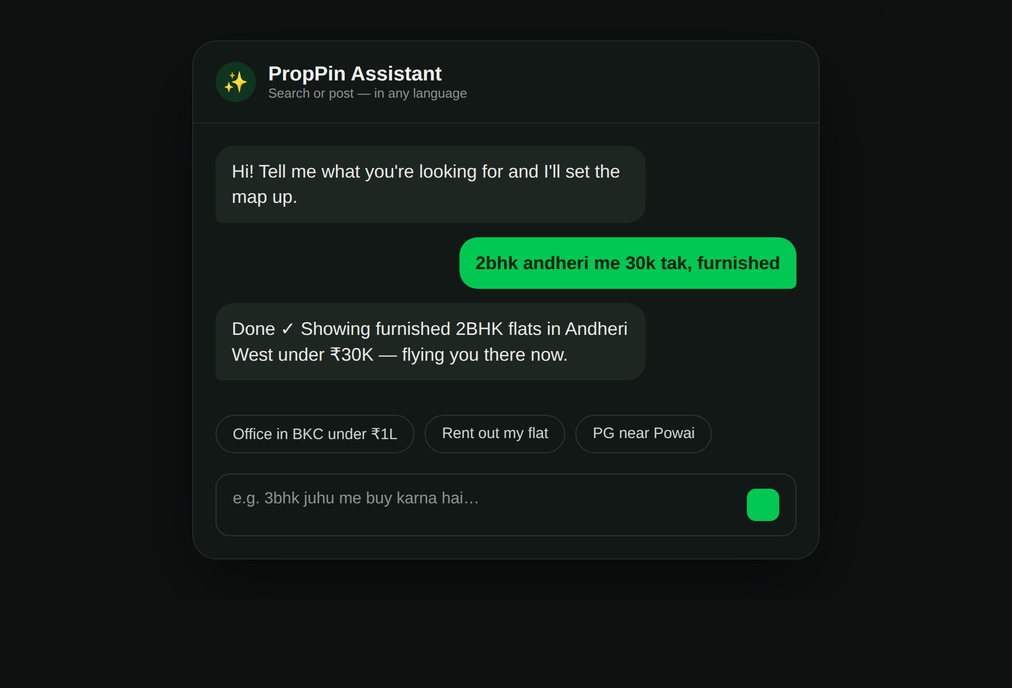 PropPin AI assistant answering a Hinglish query for a furnished 2BHK in Andheri under thirty thousand rupees